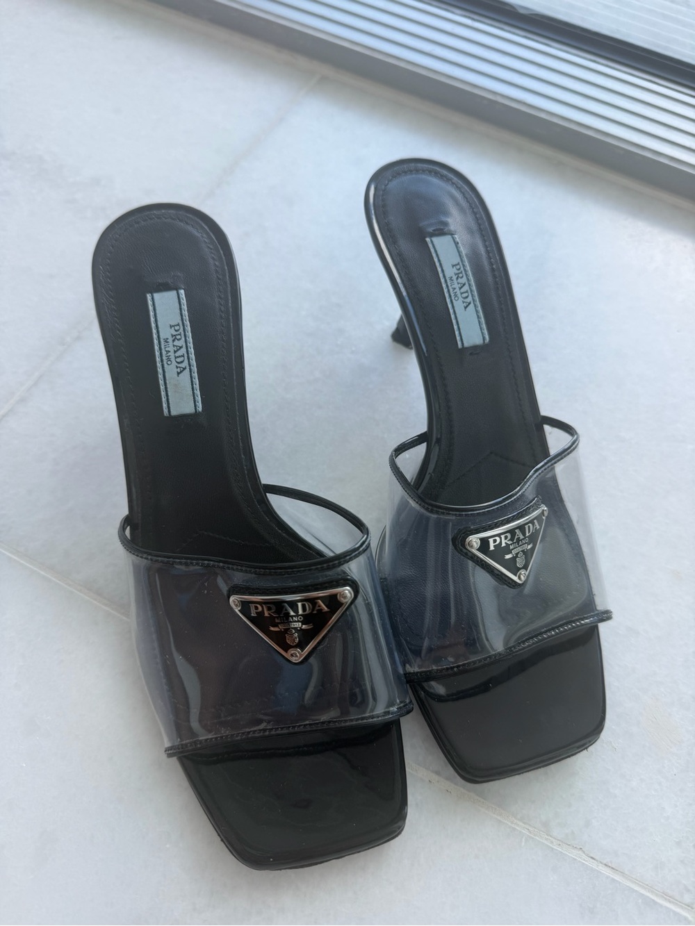 Prada Black Clear-Trim Slide Mules with Logo Plaques